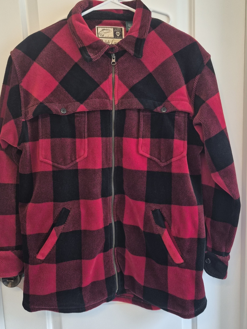 Vintage Ralph Lauren Men's Red and Black Buffalo Plaid Zip-Front Jacket Size M